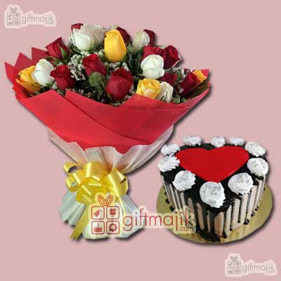 Send Mix Roses Bunch paper packed with 1 kg Fresh Fruits Cake