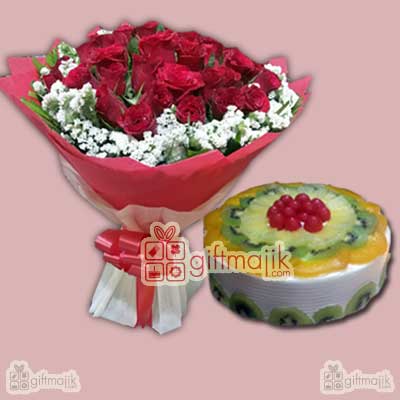 Send Beautiful bunch of 65 Red Roses with 1 kg Fresh Fruits Cake