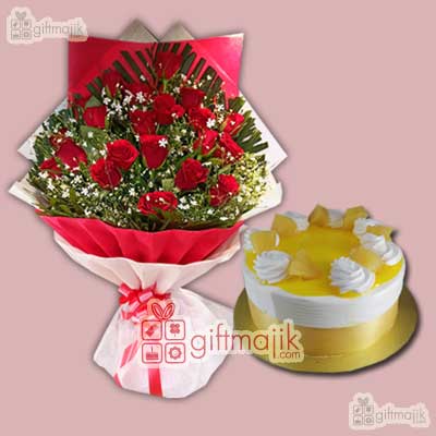 send pineapple cake with rose flowers arrangement