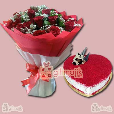 send red roses bunch combo with red velvet cake