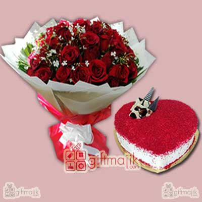 Beautiful 40 red roses with red velvet cake, half kg heart shape red velvet cake