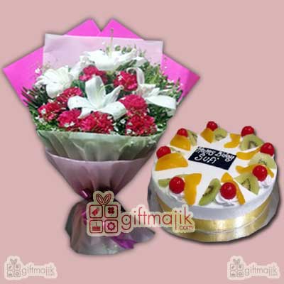 online cake delivery, online flowers delivery, birthday cakes, online home delivery of cakes, send cakes to India,  flower arrangements online delivery, Send flowers to India, Order fresh flowers combo bunch of carnation and lily with half kg delicious fr