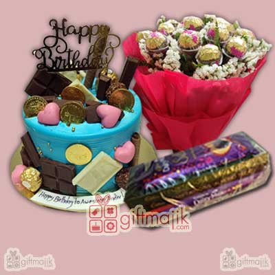 Send ferror bouquet with choco loaded cake and choco pack