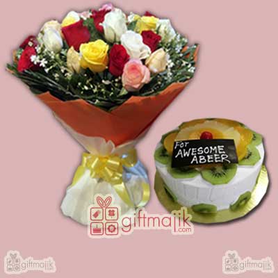 send delivery of mix roses bunch with fresh fruits cakes