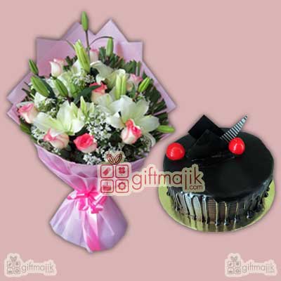 Assorted Lilies bunch with chocolate Truffle cake