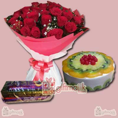 Send delivery of Fresh Fruits and Chocolate Truffle Combo Cake with Fresh Red Roses bunch and chocolate basket