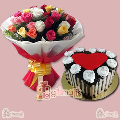 Send Premium Flower bunch of 25 mix Roses and One Kg Fresh Fruits cake
