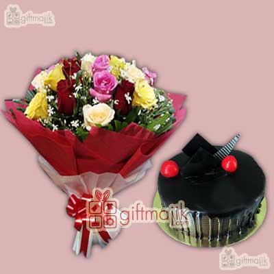 send chocolate truffle cake with mix roses bunch paper packed