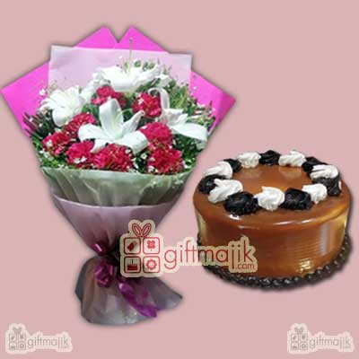 Beautiful Assorted bunch of lily and carnations with tasty Caramel Cake, Cake will be 1 kg