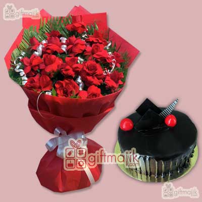 send chocolate truffle cake with arrangement of roses