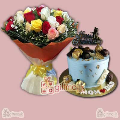 send mix roses and chocolate loaded red velvet cake