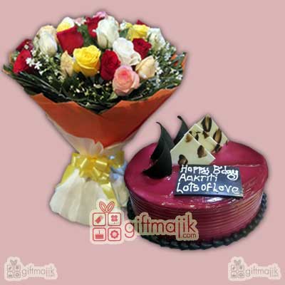 send mix roses with delicious blueberry cake