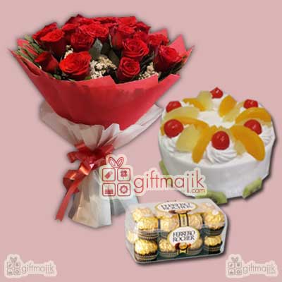 Send Fresh Fruits Cake with Beautiful bunch of 30 Red Roses