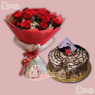 send hazelnut cake with red roses bunch