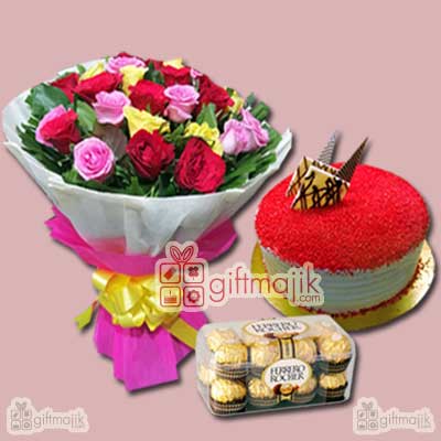 Mix Roses bunch with Red Velvet cake and chocolates pack