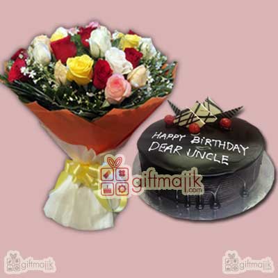 Send Mix Roses bunch with Chocolate Truffle cake 1 kg