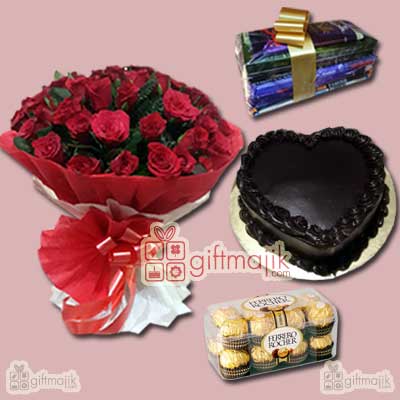 Beautiful bunch of 50 Red Roses with Chocolate Truffle cake heart shape and large chocolate pack