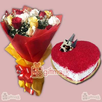 Send to your loved ones Red Velvet Heart shape cake with 15 Red Roses bunch