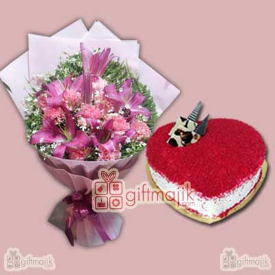 Send Beautiful paper packed bunch of mix lilies with Red Velvet Cake half kg