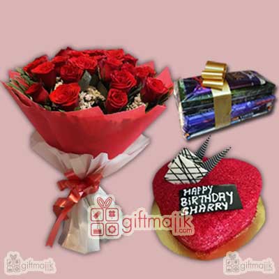 send red velvet cake with red roses and chocolates