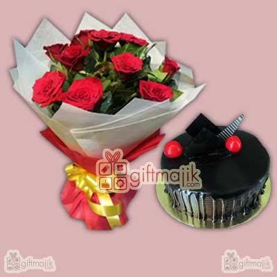 Send your wishes with 10 Red Roses Bunch with half kg Chocolate Truffle Cake