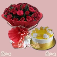 Buy Pineapple Cake half kg with Special Bunch of 50 Roses Paper Packed