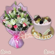 send beautiful assorted lilies and roses arrangement with tasty fresh fruits flavor cake