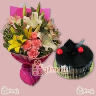 Beautiful lily carnation bunch with half kg chocolate truffle cake