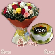 send delivery of mix roses bunch with fresh fruits cakes