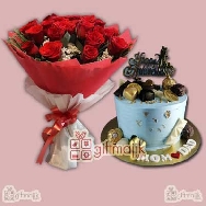 send chocolate loaded cake with red roses bunch
