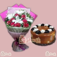 Beautiful Assorted bunch of lily and carnations with tasty Caramel Cake, Cake will be 1 kg