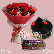 Red Roses Bunch Chocolate Truffle Cake an Chocolates Basket