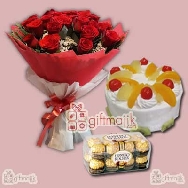 Send Fresh Fruits Cake with Beautiful bunch of 30 Red Roses