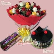 Order Online Premium Red Roses Bunch with Double Layer Chocolate Truffle Cake and Mix Chocolate Basket