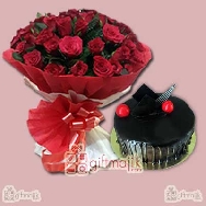 Send Bunch of 50 Roses Specially packed in Paper packed with Chocolate Truffle cake half kg