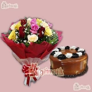 send caramel flavor cake with 15 mix roses bunch