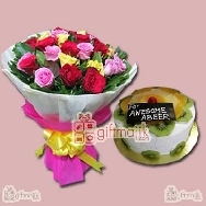 30 Mix Roses bunch and Half kg Fresh Fruits Cake