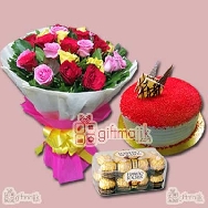 Mix Roses bunch with Red Velvet cake and chocolates pack