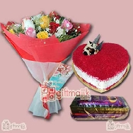 send mix roses bunch with red velvet cake ferrero rocher and chocolate packing